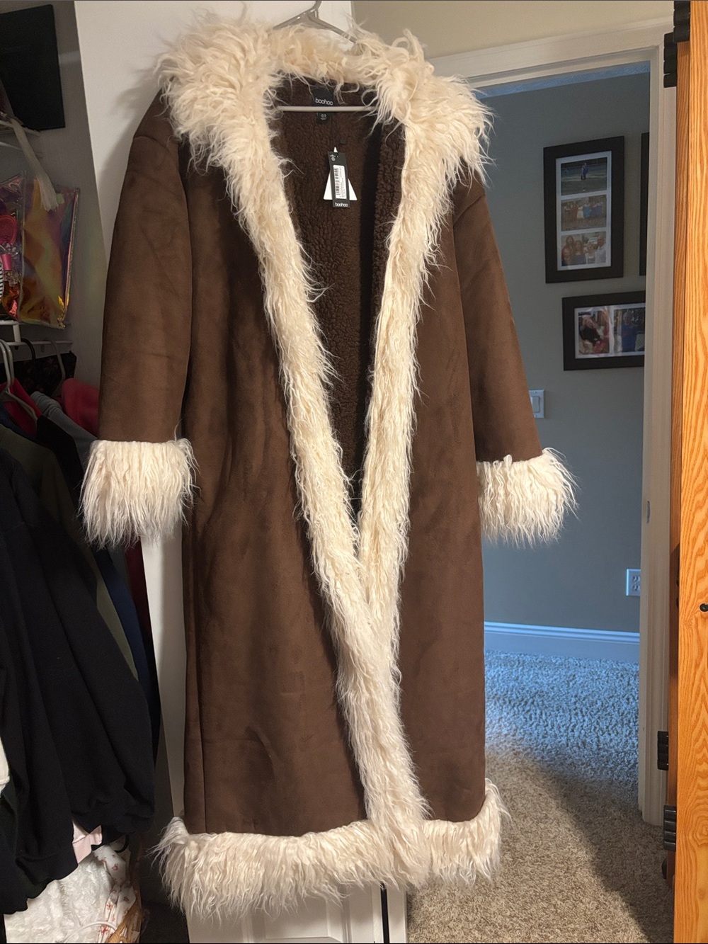 Boohoo Dark Brown Faux-Suede Coat with Cream Trim